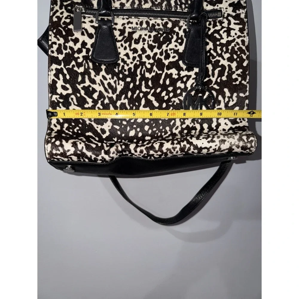 Michael Kors Sophie Large Satchel Bag Black Leather with Calf Hair Black White 1